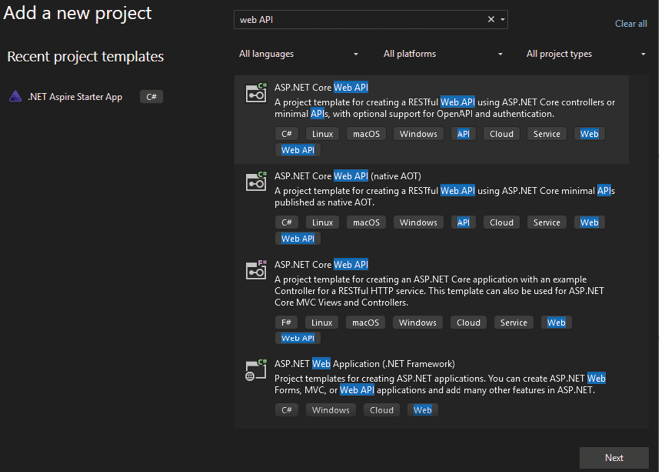 图 2.6：显示搜索结果的 Visual Studio 模板视图