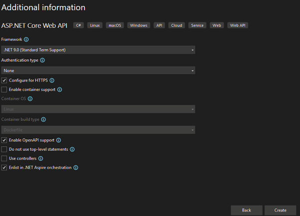 图 2.7：ASP.NET Core Web API 附加信息对话框